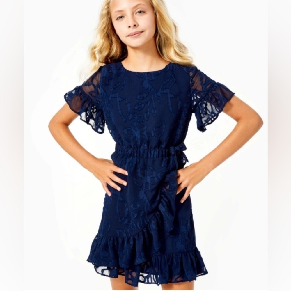 Lilly Pulitzer Mini Darlah Botanical Clip True Navy Chiffon Dress, Girl's Size 7